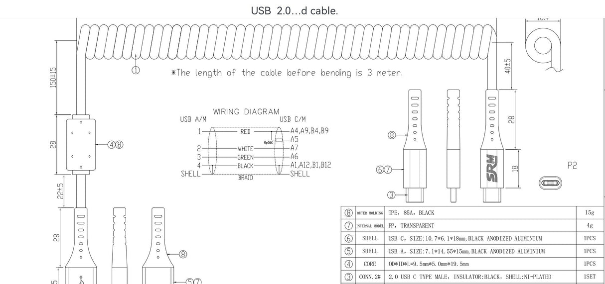 SRM Coiled USB Cable USB C Premium