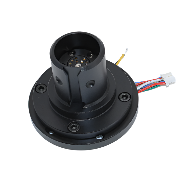 Black mechanical component with wiring on a white background