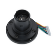 Black camera lens with wiring on a light gray background