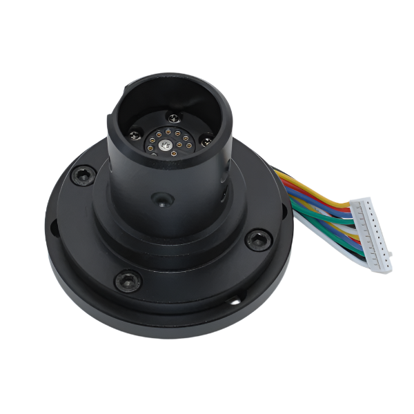 Black camera lens with wiring on a light gray background